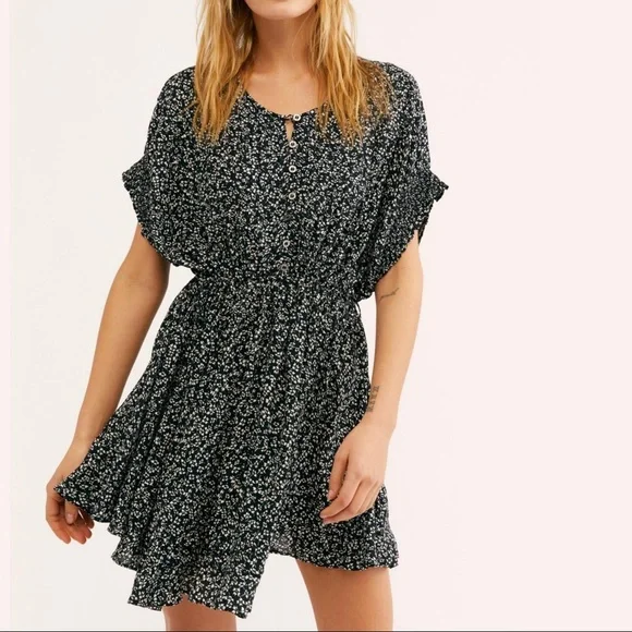 Free People One Fine Day Black Button Front Floral Smocked Mini Dress